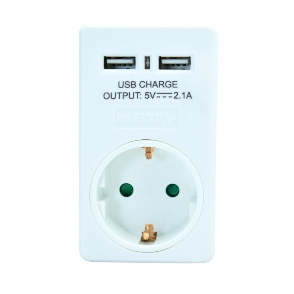 POWERTECH Αντάπτορας ρεύματος schuko PT-767, 2x USB, λευκός