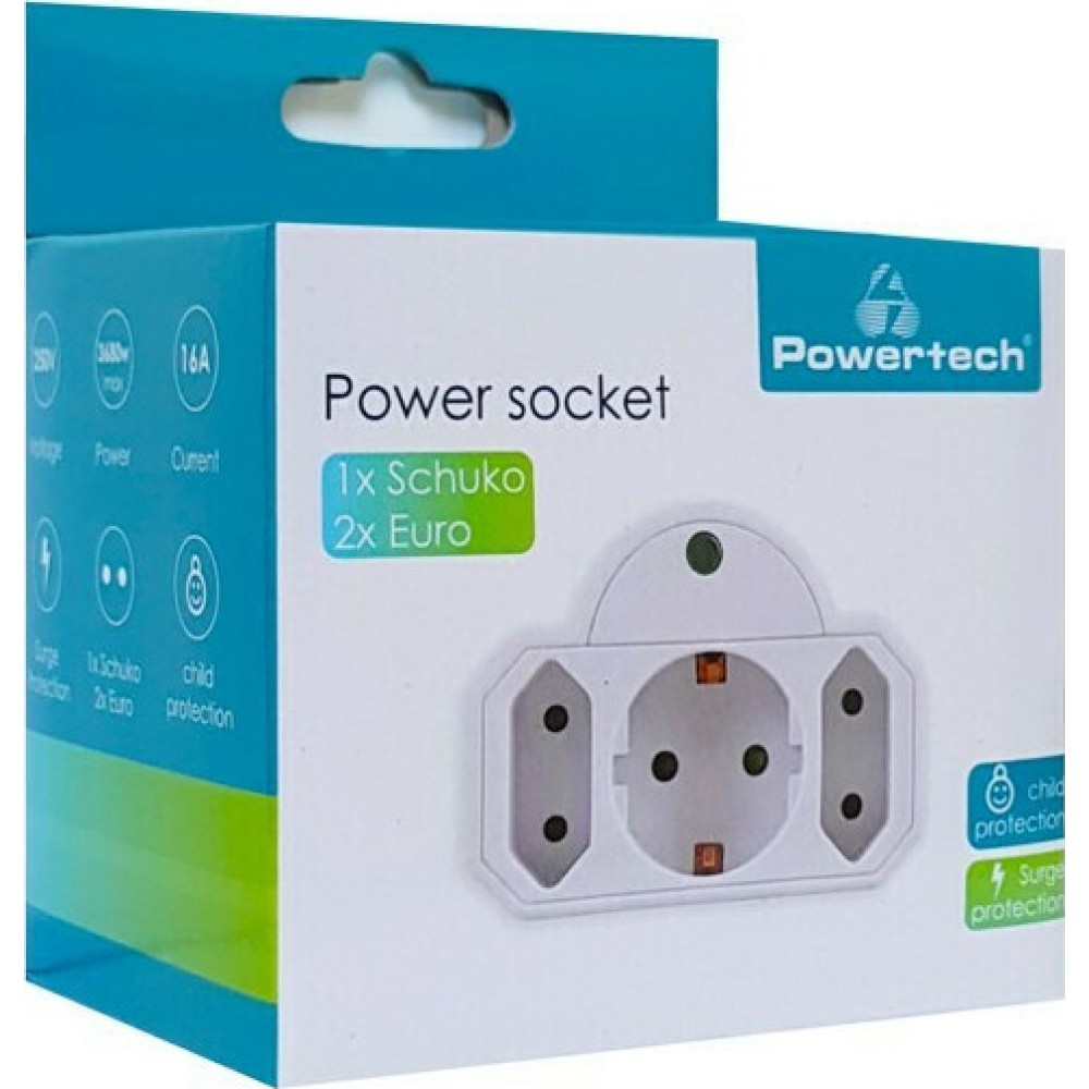 POWERTECH αντάπτορας ρεύματος PT-816, 1x schuko, 2x euro, 16A, λευκός