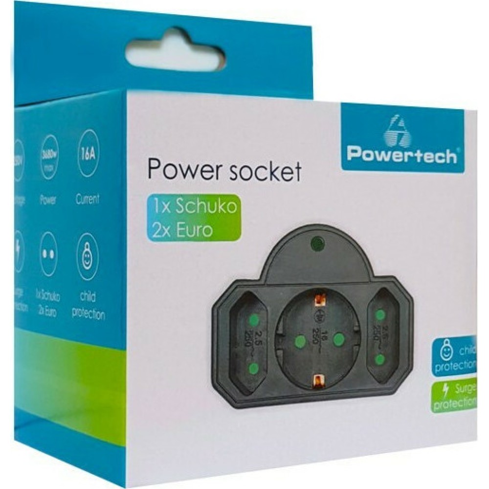 POWERTECH αντάπτορας ρεύματος PT-817, 1x schuko, 2x euro, 16A, μαύρος