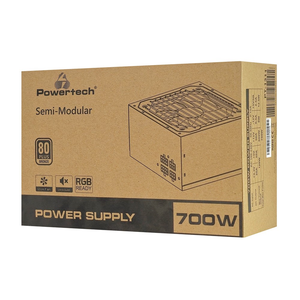 POWERTECH τροφοδοτικό PC PT-1311, 80PLUS Bronze, 700W, ATX, 120mm RGB Fan, Semi Modular