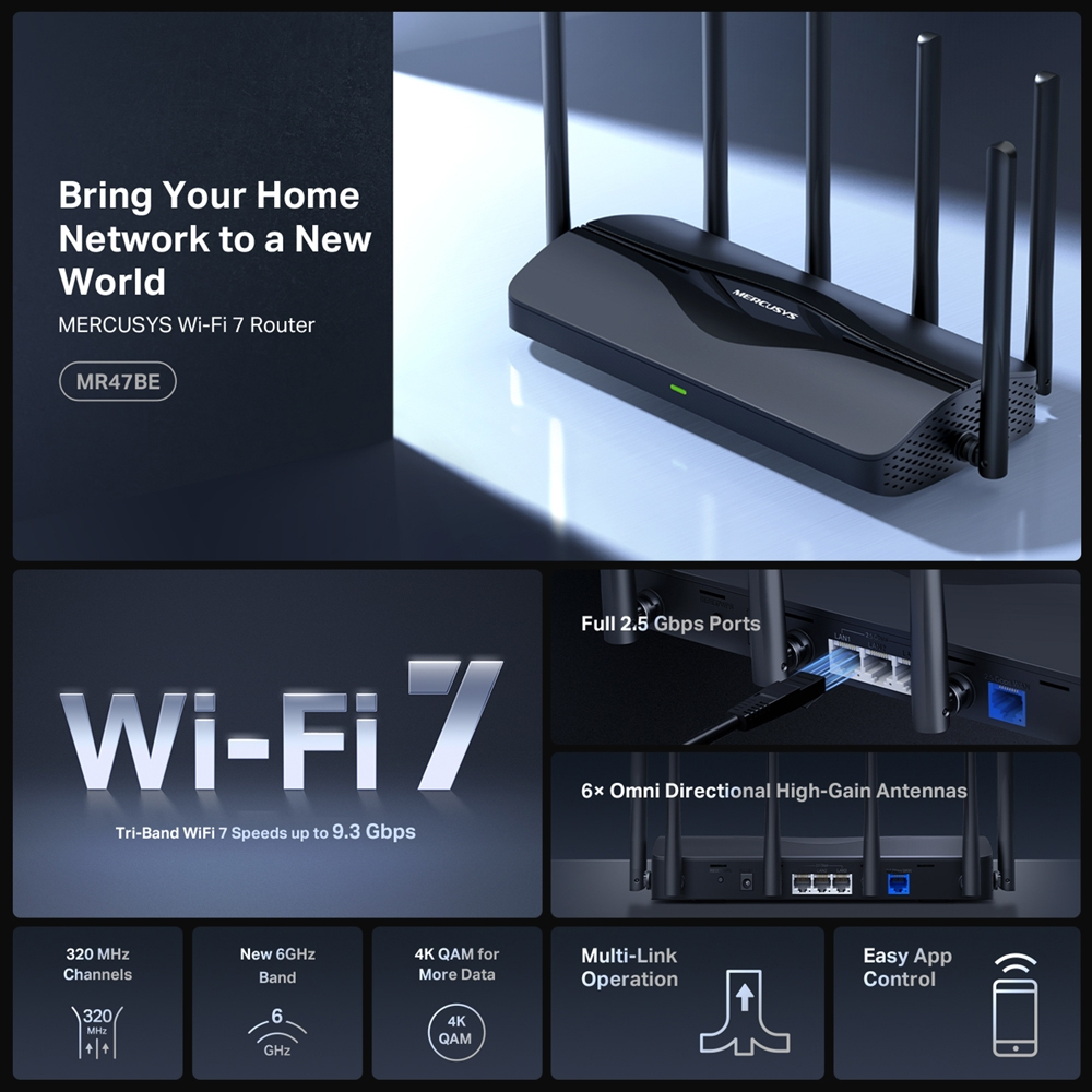 Mercusys BE9300 Tri-Band Wi-Fi 7 Router (MR47BE) (MERMR47BE)